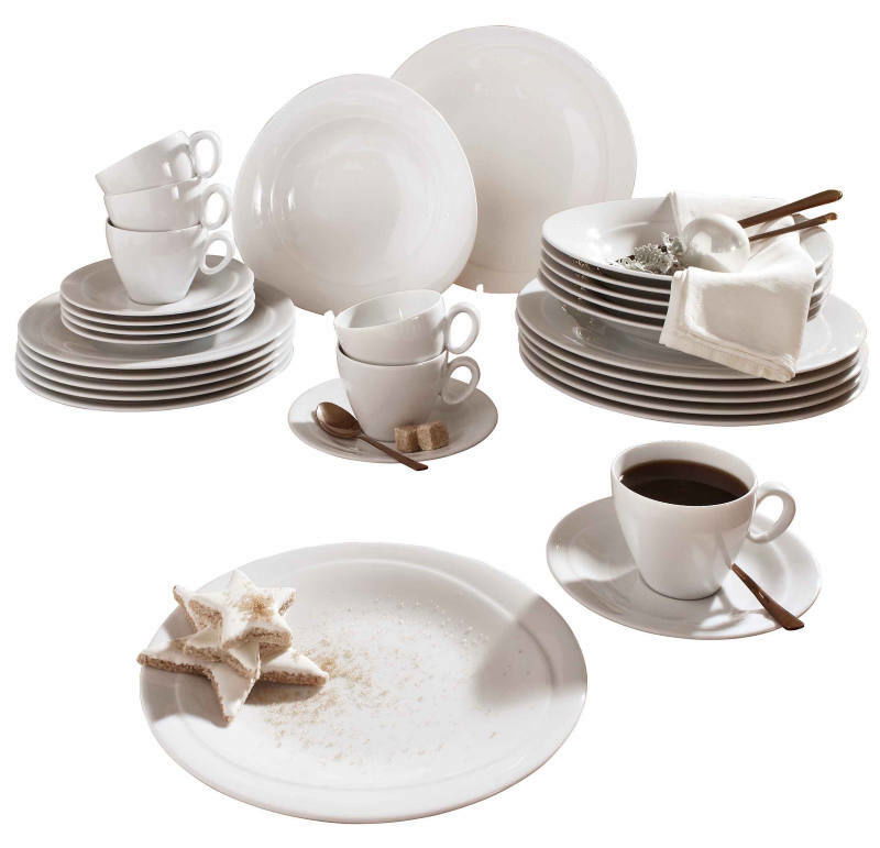 Seltmann Weiden Kombiservice Trio 30-tlg.RIO Kombiservice Trio 30-tlg. in weißer Keramik, bestehend aus Tellern, Tassen und Schalen, aus der Vogelperspektive fotografiert.