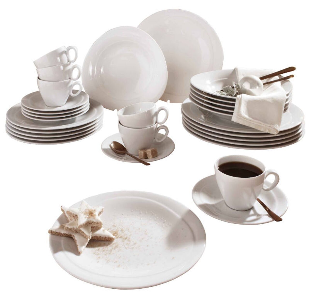 Kombiservice Trio 30-tlg. in weißer Keramik, bestehend aus Tellern, Tassen und Schalen, aus der Vogelperspektive fotografiert.