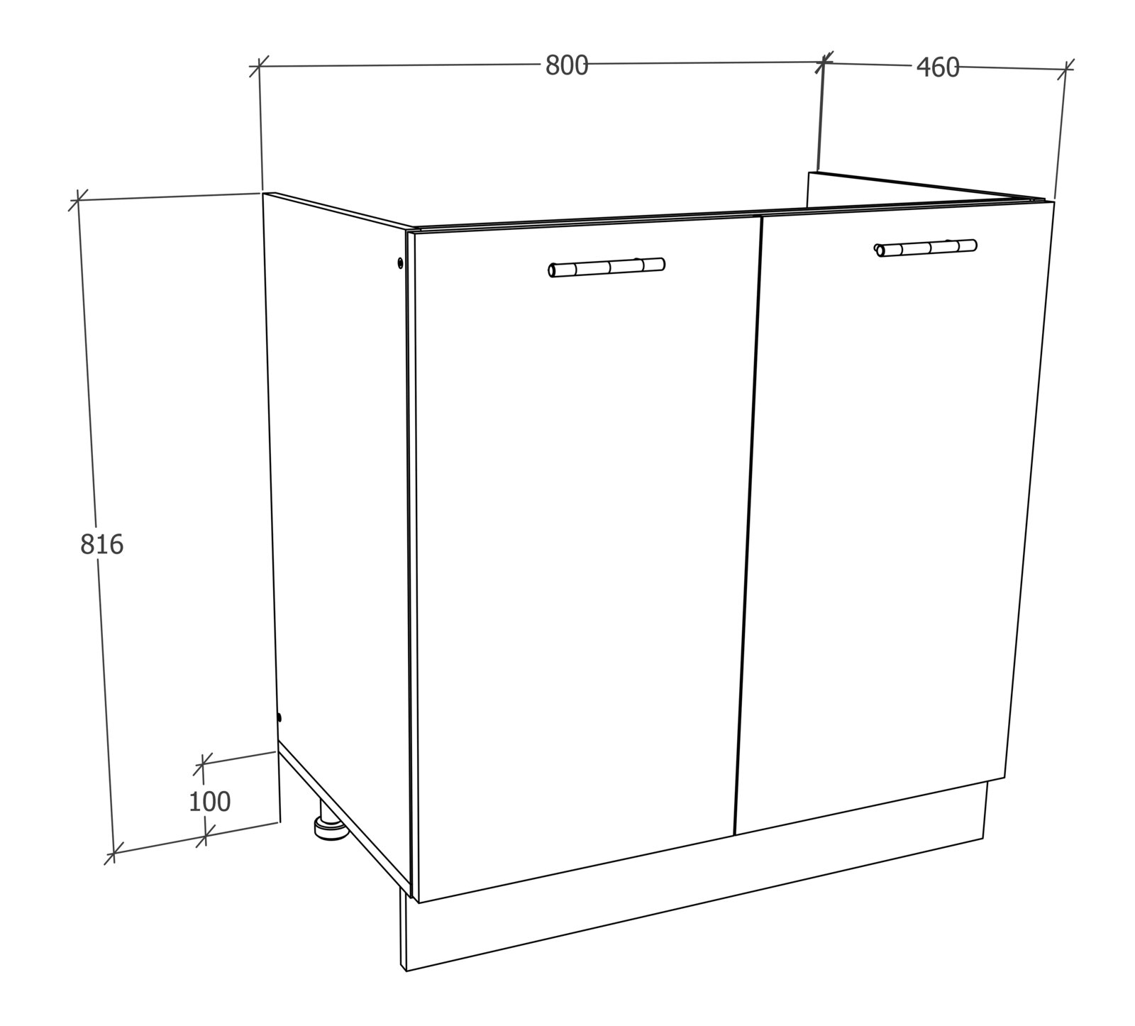 Technische Zeichnung eines zweitürigen Unterschranks mit Griffen und Sockel, Maße ca. 800 mm Breite, 460 mm Tiefe und 816 mm Höhe, in schräger Vorderansicht (Perspektive von vorne links).