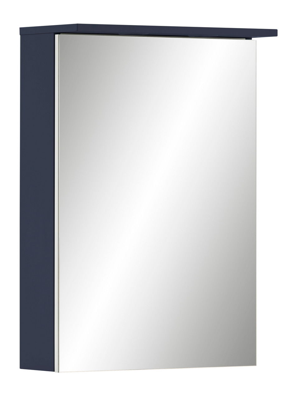 Moderner Spiegelschrank in dunklem Blau, seitliche Perspektive