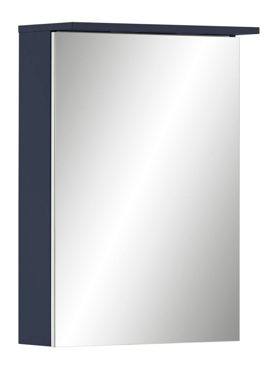Moderne spiegelkast in donkerblauw, zijaanzicht