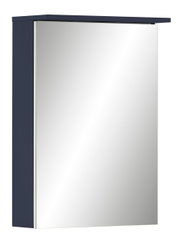Moderner Spiegelschrank in dunklem Blau, seitliche Perspektive
