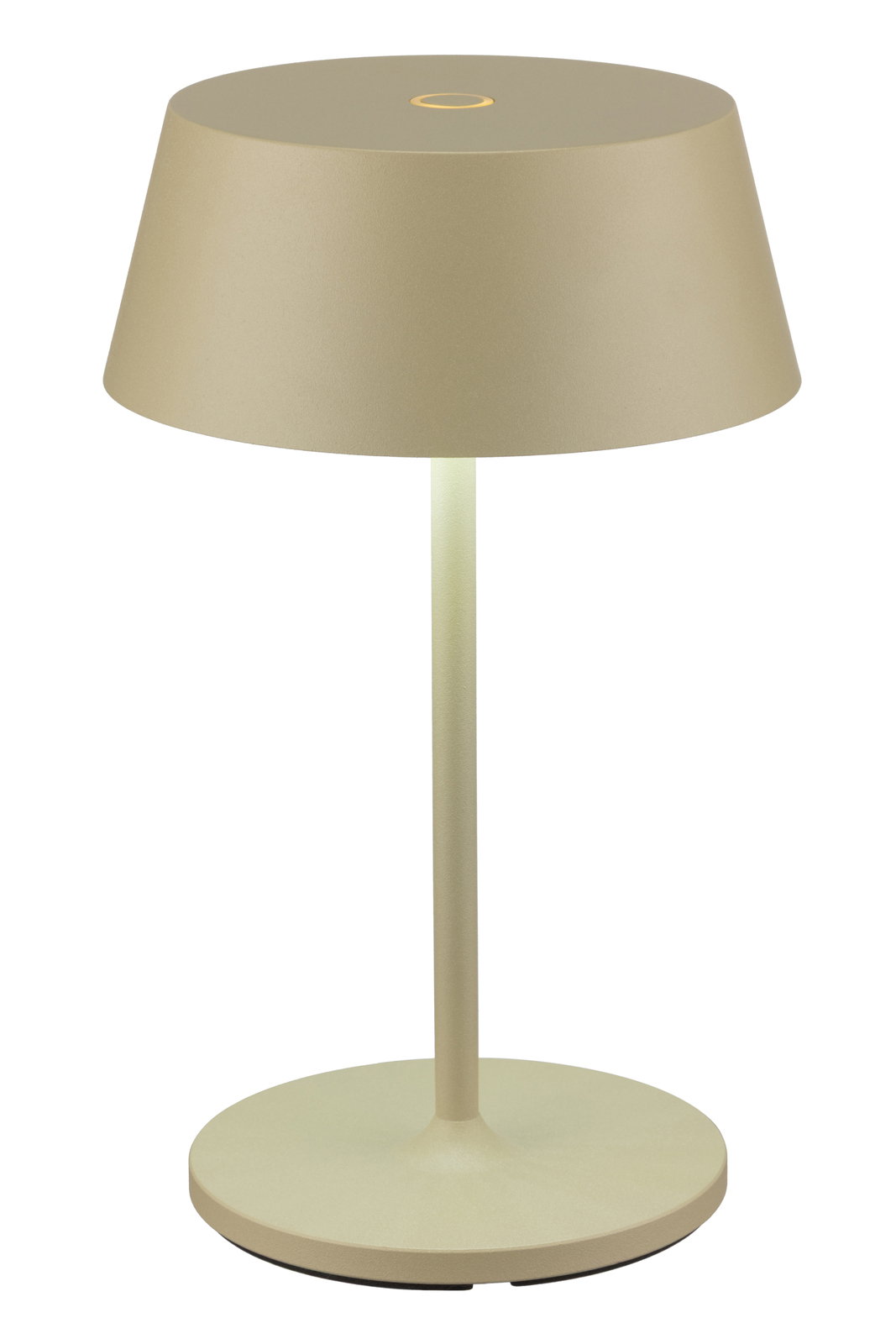 Akku-Tischleuchte in Beige, seitliche Perspektive