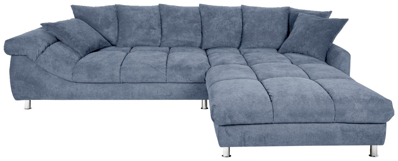 Blaue Eckcouch mit weichem Stoffbezug, Ansicht von vorne.