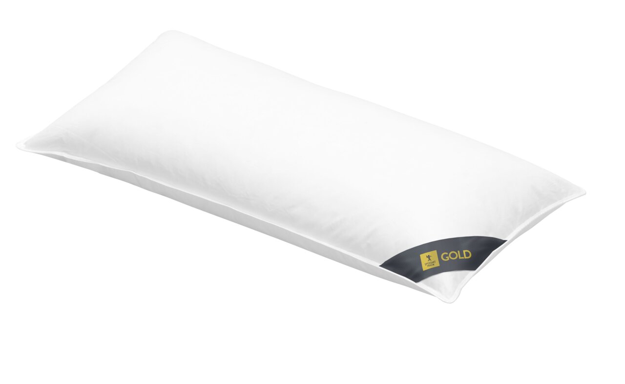 3-Kammerkissen 40x80 cm in schräger Perspektive mit goldfarbenem Etikett