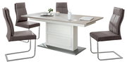 Moderner Funktions-Esstisch CAMRON mit vier grauen Stühlen, seitliche Perspektive