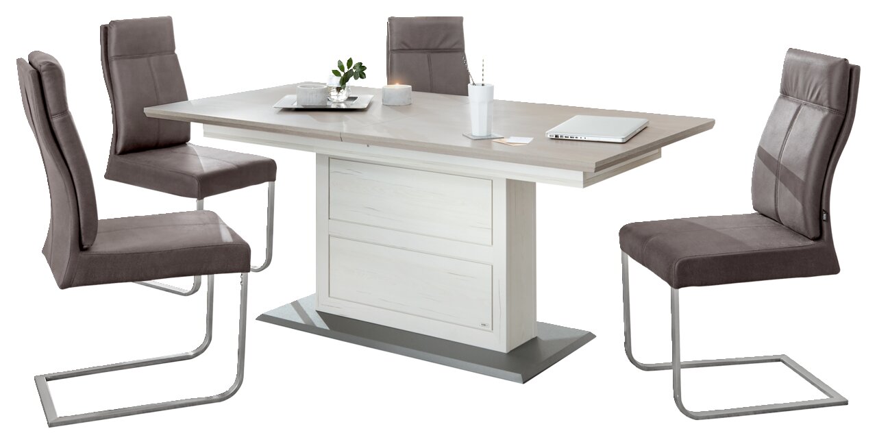 Moderner Funktions-Esstisch CAMRON mit vier grauen Stühlen, seitliche Perspektive