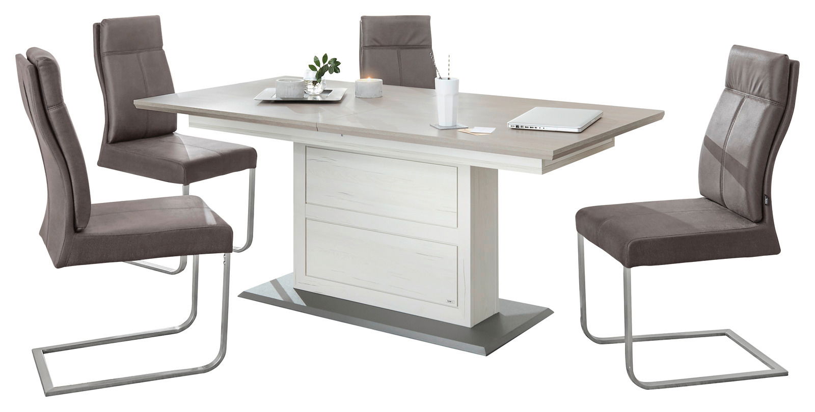 Moderner Funktions-Esstisch CAMRON mit vier grauen Stühlen, seitliche Perspektive