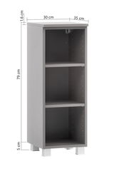 Graues Unterschrank-Regal mit drei offenen Fächern, frontal abgebildet. Maße: 79 cm hoch, 30 cm breit, 35 cm tief.