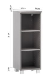 Graues Unterschrank-Regal mit drei offenen Fächern, frontal abgebildet. Maße: 79 cm hoch, 30 cm breit, 35 cm tief.