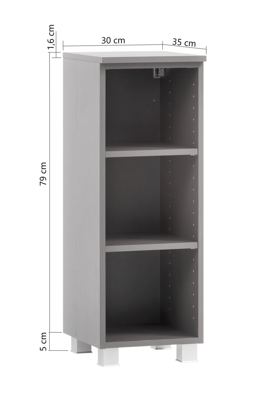Graues Unterschrank-Regal mit drei offenen Fächern, frontal abgebildet. Maße: 79 cm hoch, 30 cm breit, 35 cm tief.