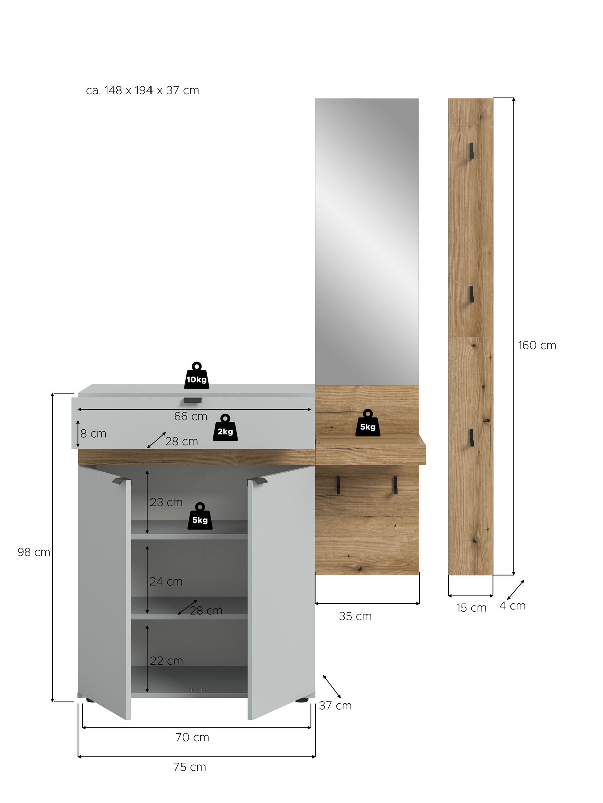 Garderoben-Set in Holzoptik und Grau mit Spiegelpaneel, Ablage und Schuhschrank mit zwei Türen, Maß- und Belastungsangaben, Frontansicht sowie Seitenansicht