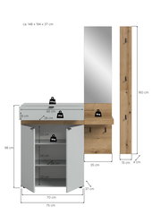 Garderoben-Set in Holzoptik und Grau mit Spiegelpaneel, Ablage und Schuhschrank mit zwei Türen, Maß- und Belastungsangaben, Frontansicht sowie Seitenansicht