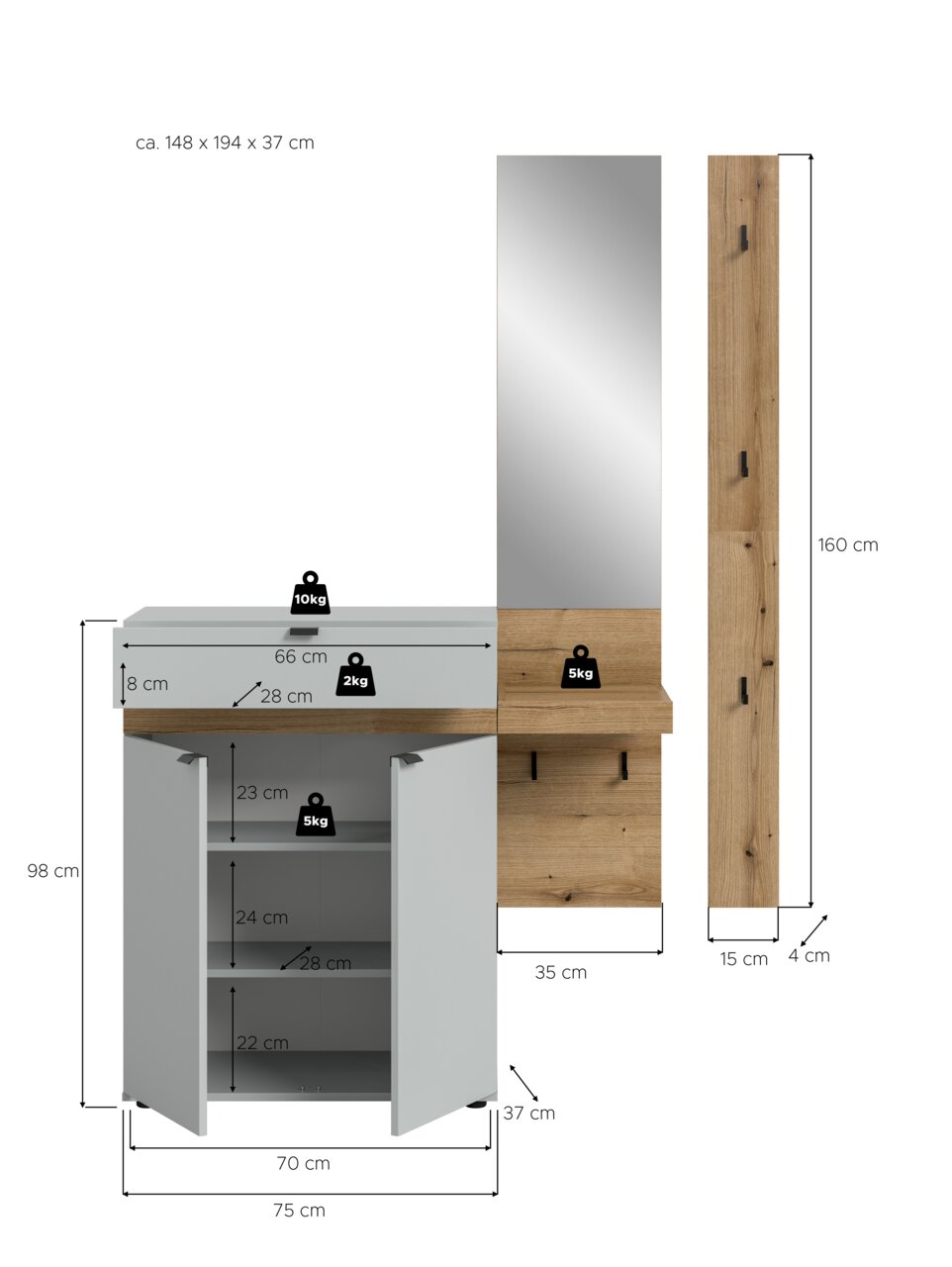 Garderoben-Set in Holzoptik und Grau mit Spiegelpaneel, Ablage und Schuhschrank mit zwei Türen, Maß- und Belastungsangaben, Frontansicht sowie Seitenansicht
