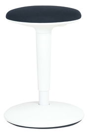 Moderner Sitzhocker mit schwarzem Sitzpolster und weißem Standfuß, seitliche Perspektive