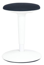 Moderner Sitzhocker mit schwarzem Sitzpolster und weißem Standfuß, seitliche Perspektive