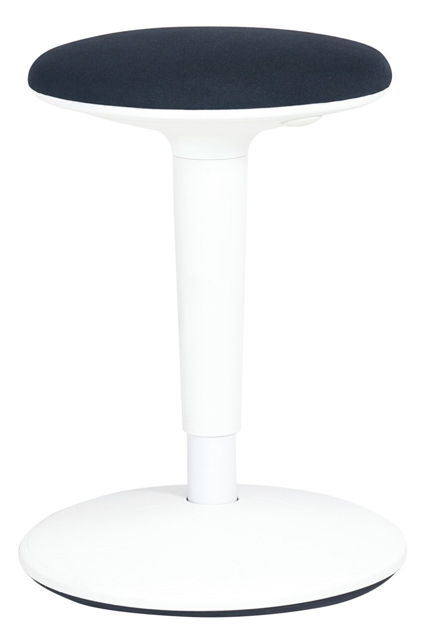 Moderner Sitzhocker mit schwarzem Sitzpolster und weißem Standfuß, seitliche Perspektive