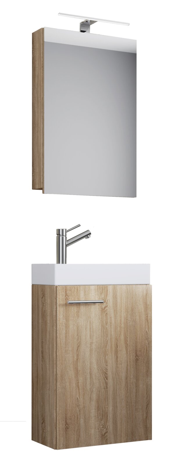 VCM 4-tlg. Gäste-Waschplatz SLITO Badmöbel-Set mit rechteckigem Spiegel und LED-Aufsatzleuchte, darunter Waschtischunterschrank in heller Holzoptik mit weißem Aufsatzwaschbecken und verchromter Armatur, frontal in leichter Seitenansicht dargestellt