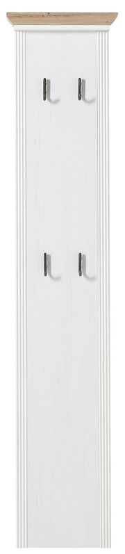 Weiße Garderobenleiste mit vier Haken und einer Holzablage, Frontalansicht