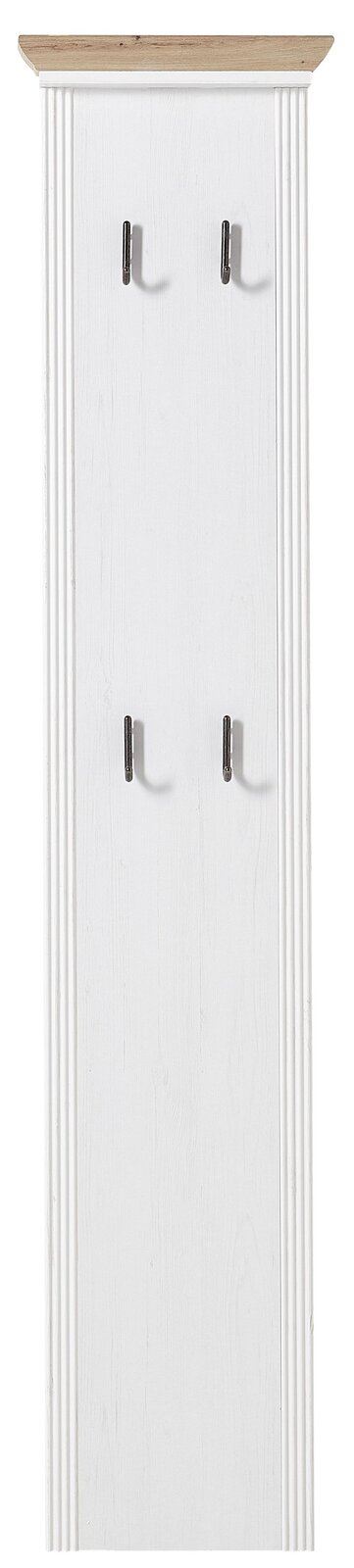 Weiße Garderobenleiste mit vier Haken und einer Holzablage, Frontalansicht