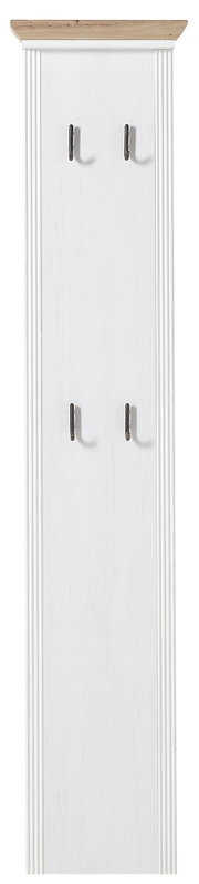 Weiße Garderobenleiste mit vier Haken und einer Holzablage, Frontalansicht