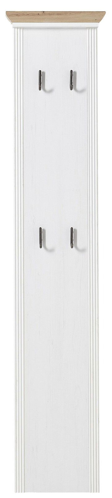 Weiße Garderobenleiste mit vier Haken und einer Holzablage, Frontalansicht