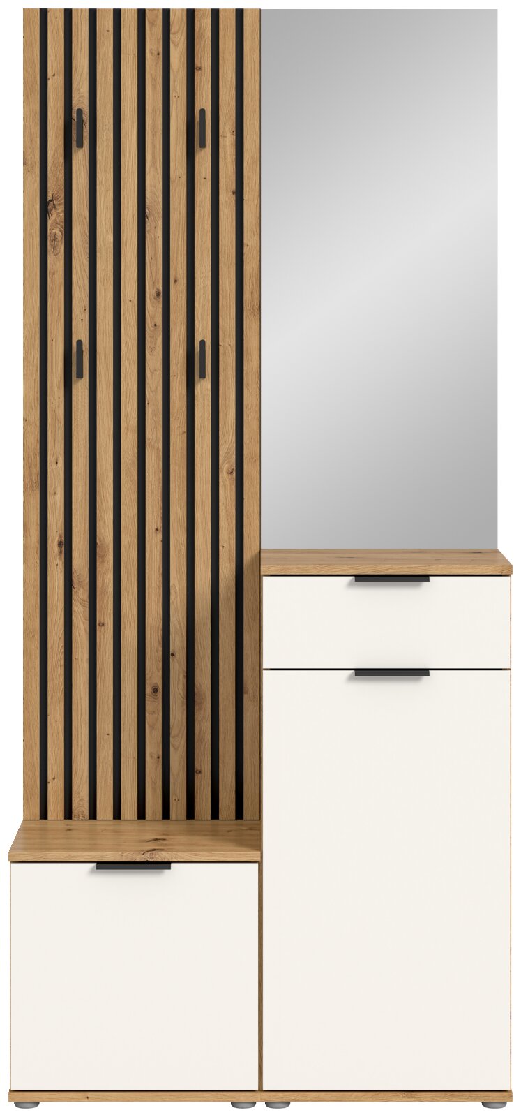 Kompaktgarderobe mit Holz- und Weißtönen, bestehend aus einem vertikalen Holzpaneel mit Haken und einem weißen Schrank mit Schubladen, frontal betrachtet.