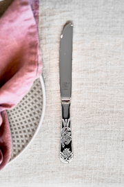 Märchenhaftes Kinderbesteckmesser mit Prinzessinnenmotiv, von oben fotografiert auf einem hellen Tischtuch neben einem rosa Stoffserviette und einem Teller.