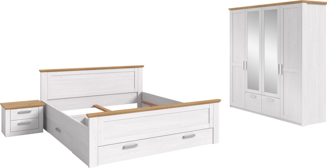 Schlafzimmermöbel-Set in Weiß mit Holzoptik-Absetzungen: Doppelbettgestell mit Schublade, Nachttisch mit zwei Schubladen und 4-türiger Kleiderschrank mit zwei Spiegeltüren, freigestellt in schräger Frontansicht.