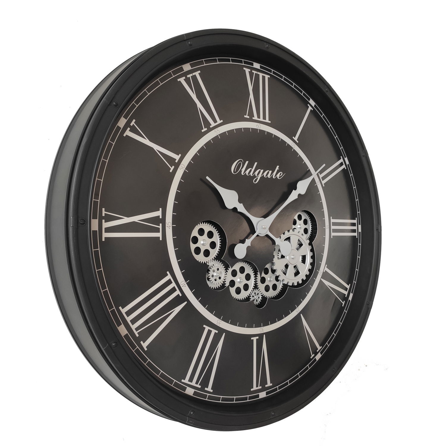 Schwarze Wanduhr mit römischen Ziffern und sichtbaren Zahnrädern, seitliche Perspektive