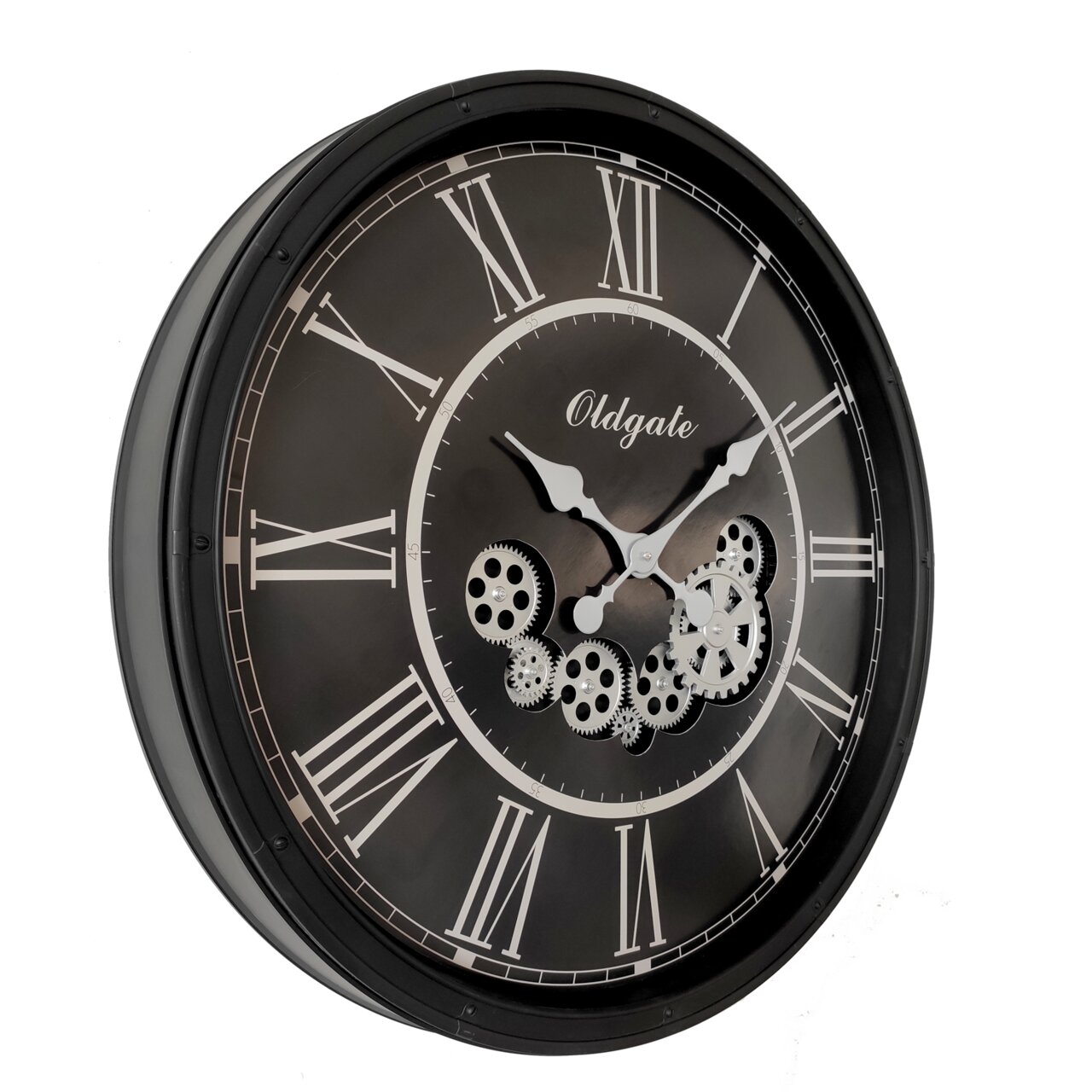 Schwarze Wanduhr mit römischen Ziffern und sichtbaren Zahnrädern, seitliche Perspektive