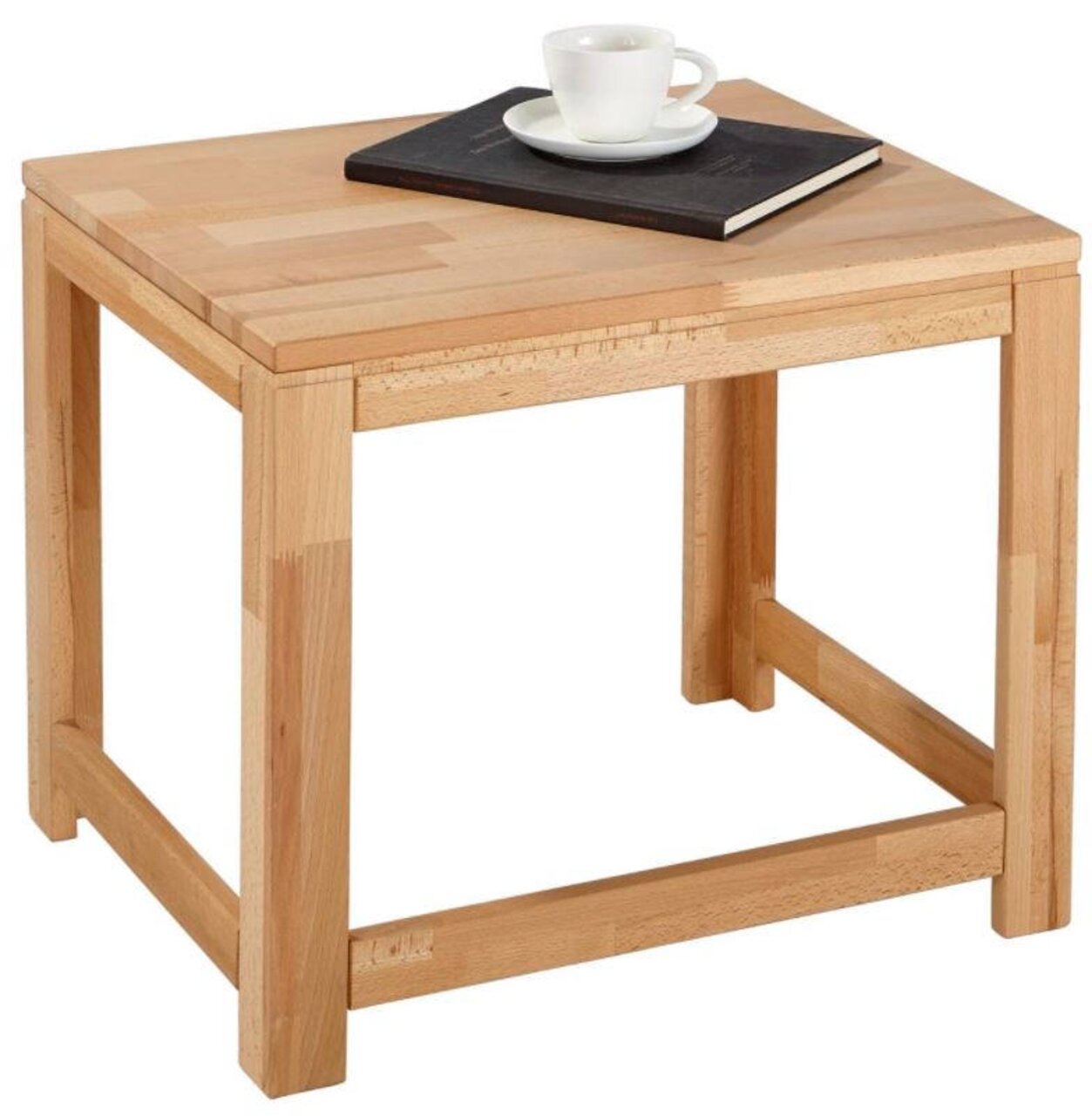 Houten bijzettafel uit de OSLO-serie van Linea Natura, zijaanzicht met een kopje en een boek op het tafelblad