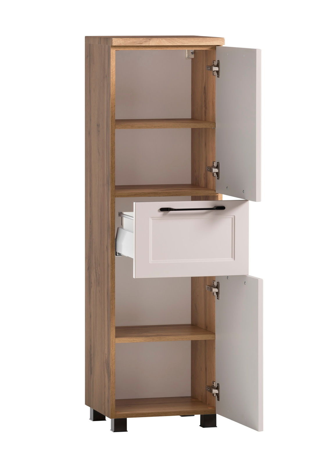 XORA Midischrank MERAN Midischrank aus Holz mit zwei offenen Türen und einer Schublade, seitliche Perspektive