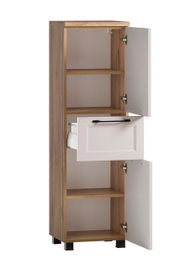 Midischrank aus Holz mit zwei offenen Türen und einer Schublade, seitliche Perspektive