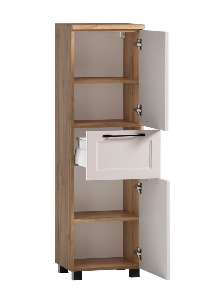 Midischrank aus Holz mit zwei offenen Türen und einer Schublade, seitliche Perspektive