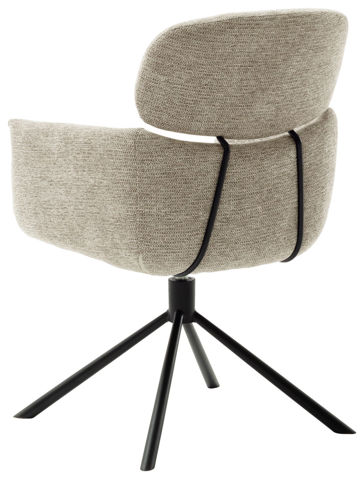 Moderner Sessel mit hellgrauem Stoffbezug und schwarzem Metallgestell, Rückansicht