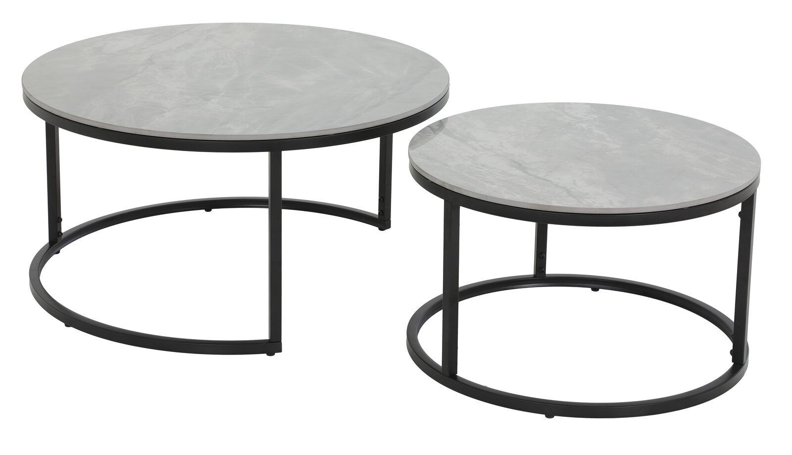 Z2 Couchtisch 2er-Set LUIS Zweier-Set Couchtische mit runden, grauen Tischplatten und schwarzen Metallgestellen, seitliche Perspektive