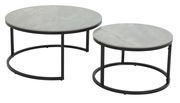 Zweier-Set Couchtische mit runden, grauen Tischplatten und schwarzen Metallgestellen, seitliche Perspektive