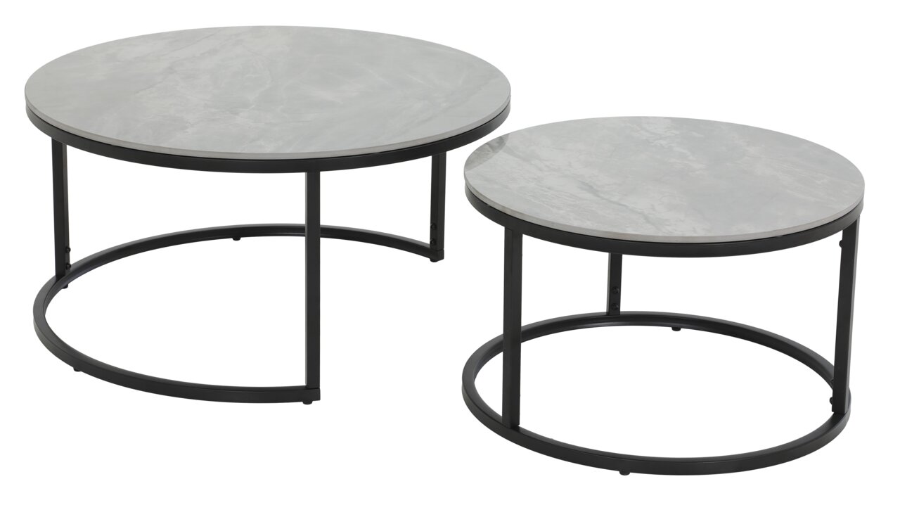 Z2 Couchtisch 2er-Set LUIS Zweier-Set Couchtische mit runden, grauen Tischplatten und schwarzen Metallgestellen, seitliche Perspektive