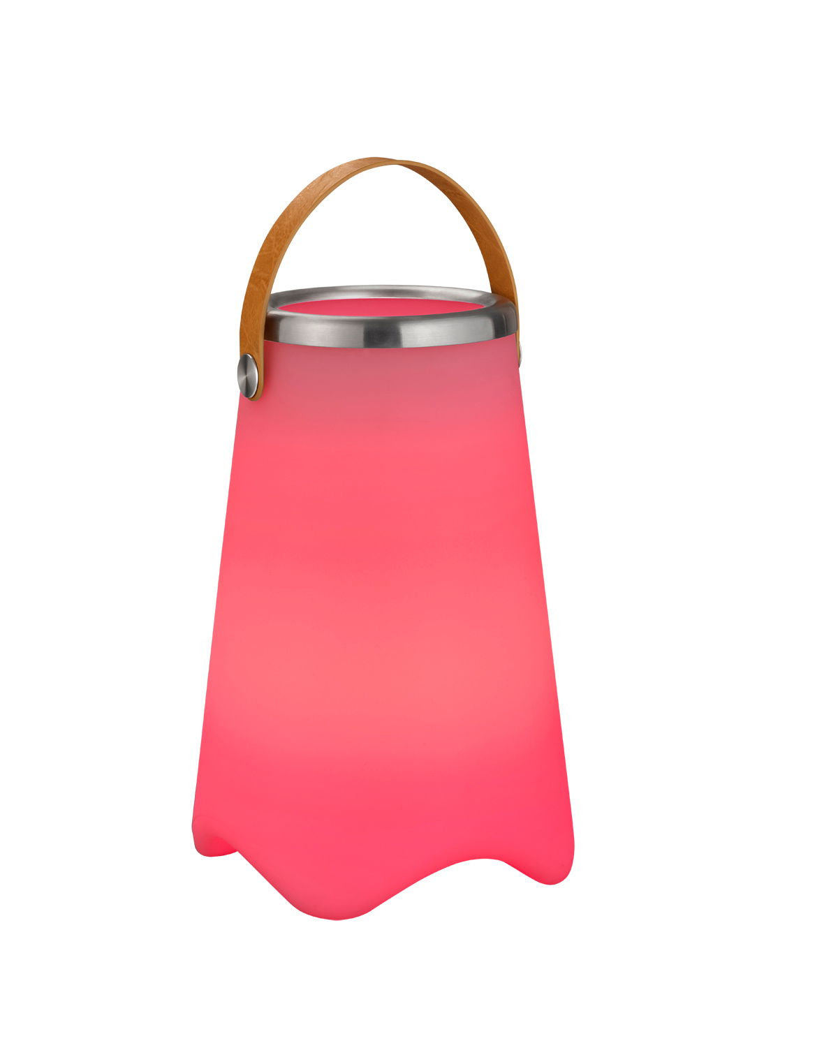 Rosa Outdoor-Sektkühler JAMAICA mit Metallrand und Holzgriff, seitliche Perspektive