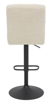 Rückansicht eines Barhockers mit beigem, geripptem Stoffbezug und schwarzem Metallfuß.