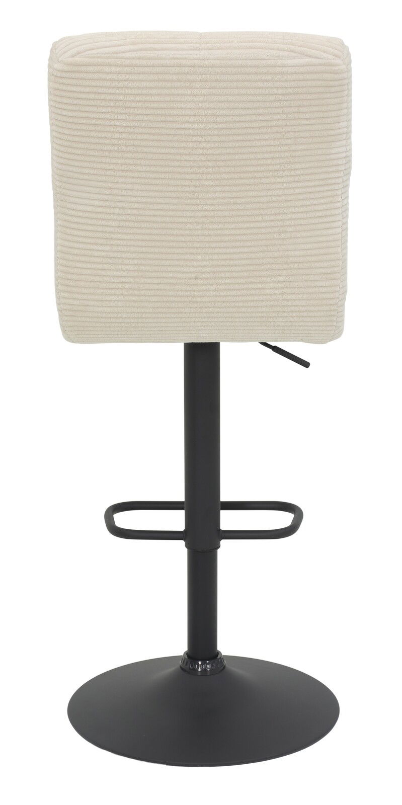 Rückansicht eines Barhockers mit beigem, geripptem Stoffbezug und schwarzem Metallfuß.