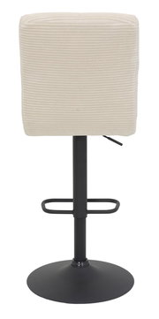 Rückansicht eines Barhockers mit beigem, geripptem Stoffbezug und schwarzem Metallfuß.