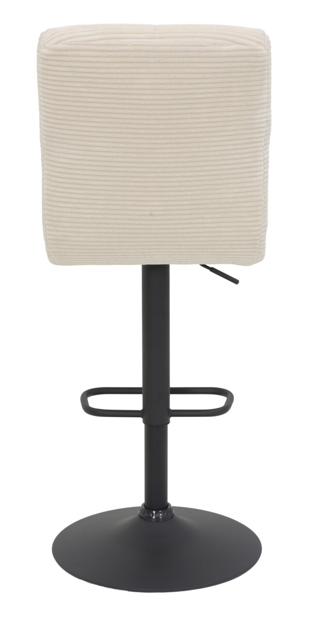 Achterkant van een barkruk met een beige, geribbelde stoffen bekleding en een zwart metalen onderstel.