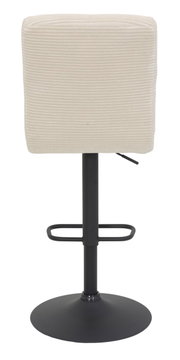 Achterkant van een barkruk met een beige, geribbelde stoffen bekleding en een zwart metalen onderstel.