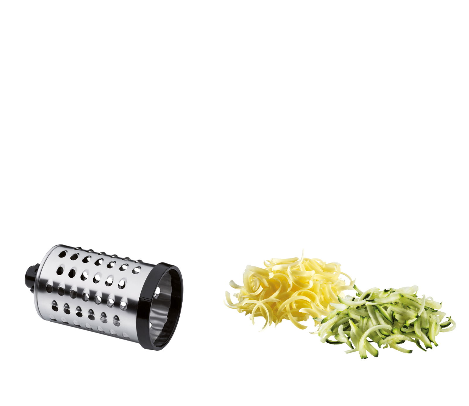 Trommelreibe Rapid aus seitlicher Perspektive mit geriebenem Käse und Zucchini.