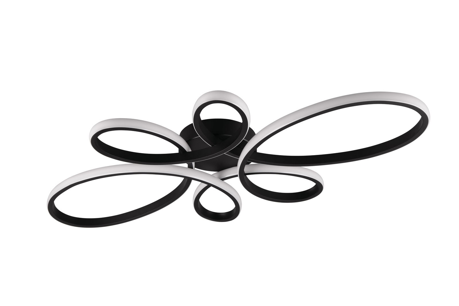 Moderne Deckenleuchte FLY mit geschwungenem, schwarzem Design, seitliche Perspektive