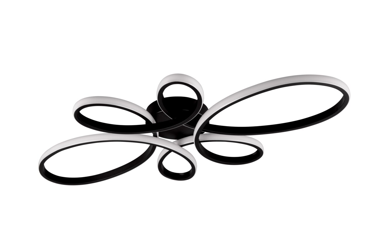Moderne plafondlamp FLY met een gebogen, zwart ontwerp, zijaanzicht