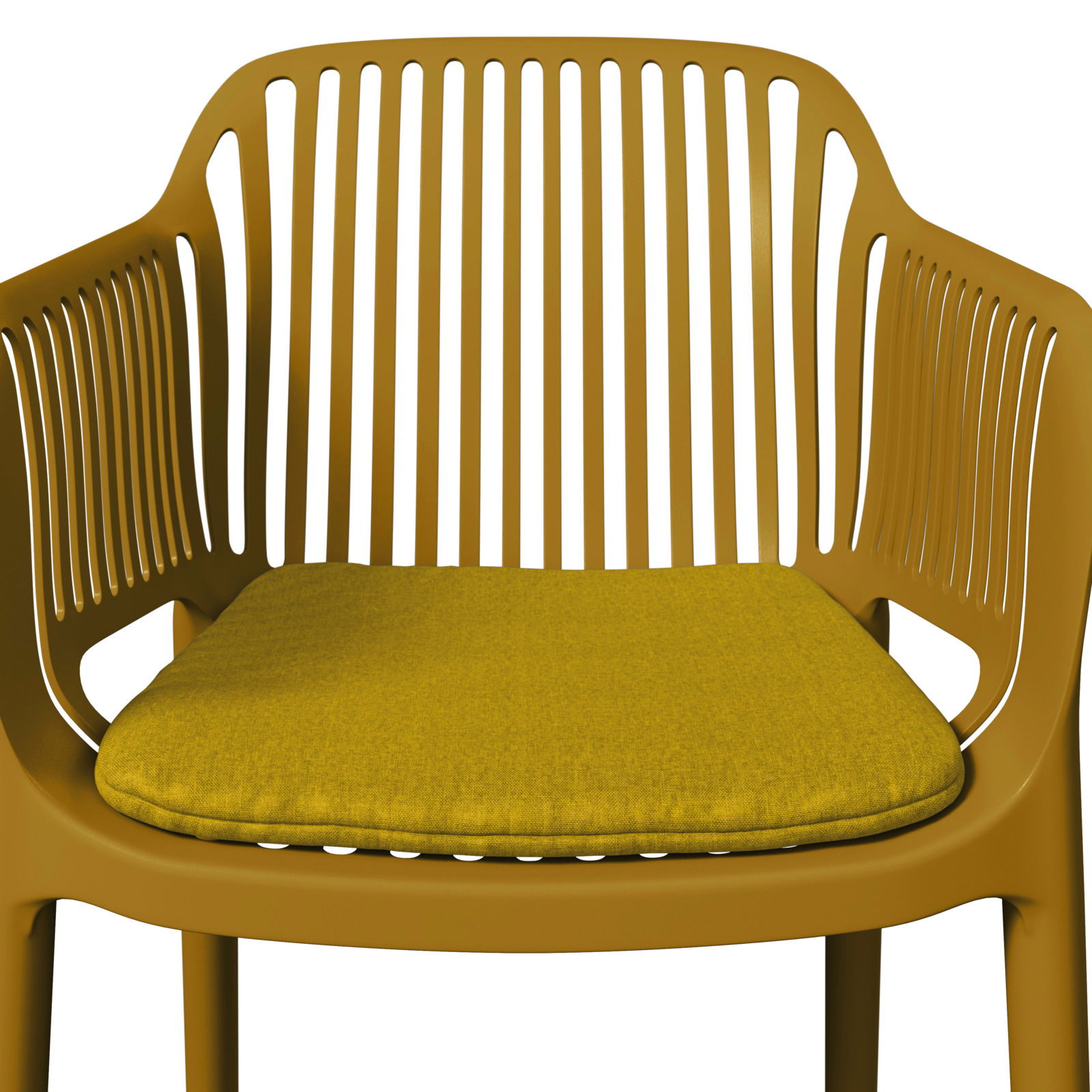 Vorderansicht eines gelben Stapelsessels mit Kissen und vertikalen Streben im Rücken- und Armlehnenbereich.
