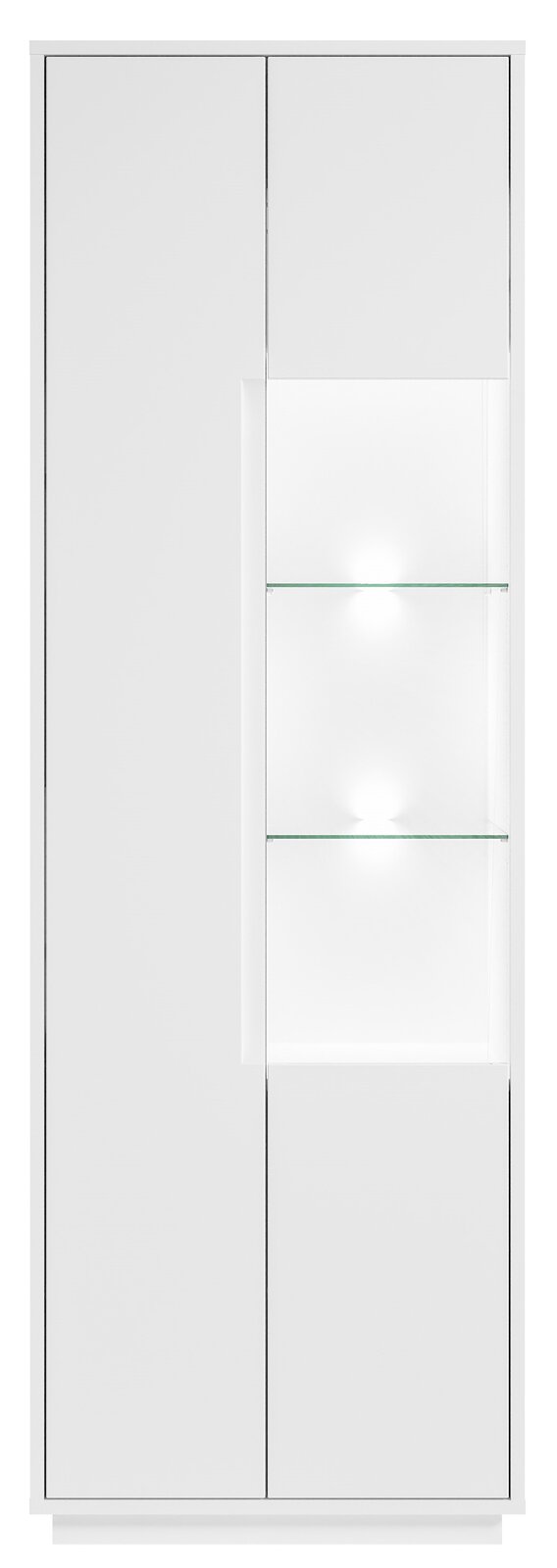 Moderne weiße Vitrine mit Glaseinsätzen und Beleuchtung, Frontalansicht